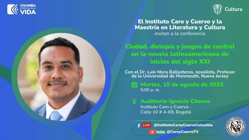 Spanish language flyer promoting a lecture by Prof. Mora-Ballesteros, on August 15, 2023. The flyer has a picture of a man, and details for how to watch lecture on facebook at 4 pm