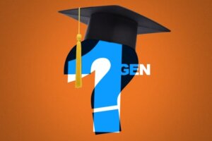 Illustration of numeral 1 superimposed over a question mark, with an academic graduation cap perched atop the superimposed images