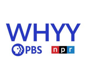 Stylized logo for station WHYY in Philadelphia with Logos for PBS and NPR beneath