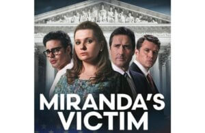 Image from poster for movie, "Miranda's Victim" with three men and one woman standing before courtroom exterior