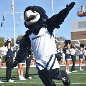 Image of Shadow the Hawk with arms extended in a flying motion. Cheerleaders behind him on the football field.