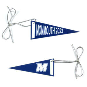 Front and back view of Monmouth themed holiday ornament shaped like a pennant. Front reads Monmouth 2023 and back shows M logo.