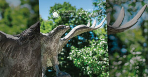 Cover of annual Monmouth University President's Report with image of Hawk sculpture by Brian Hanlon on the cover.