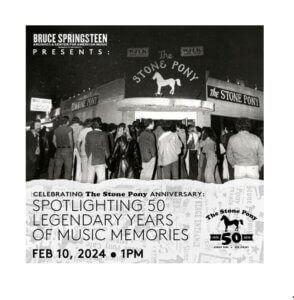 Composite image of outside of Stone Pony club with text noting 50 year anniversary