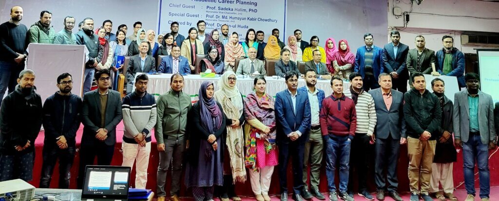 Professor Golam Mathbor with faculty members at Jagannath University in Bangladesh.