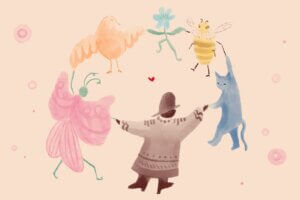 Illustration by Haruka Aoki of whimsical figures in a circle