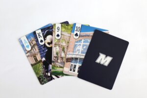 Giving Days cards playing cards featuring campus scenes and the spirit M.