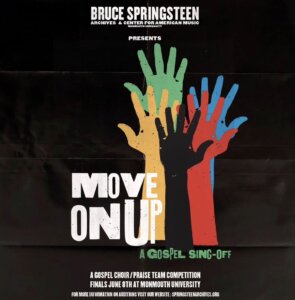 Stylized art for "Move on Up" event with colorful images of hands reaching to sky