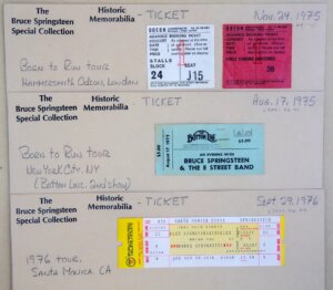 A collection of Bruce Springsteen concert tickets from the "Born to Run" tour, on display at The Bruce Springsteen Archives and Center for American Music at Monmouth University