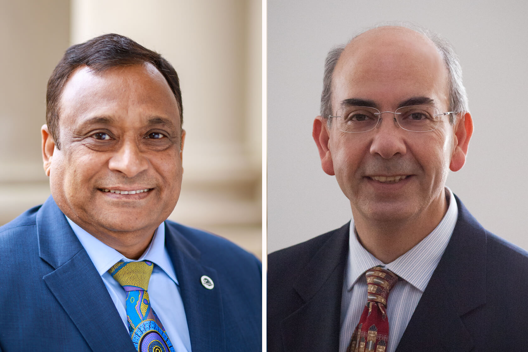 Headshots for Golam Mathbor, Ph.D., interim dean and professor in the School of Social Work, and Saliba Sarsar, Ph.D., professor in the Department of Political Science and Sociology