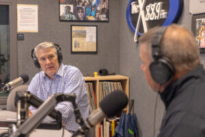 President Leahy and Professor Harmon recording their podcast in the WMCX studio