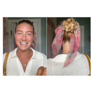 Front and back composite view of girl with ponytail