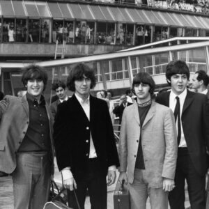 Black and white photo of The Beatles