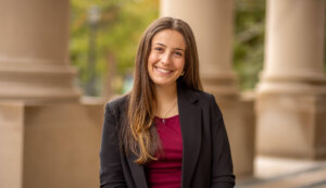Cecilia Aversano on front porch of Great Hall