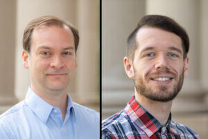 Tryon Eggleston and Steven Graboski posing for headshots outside the Great Hall