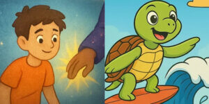 Drawings from the HOPE Book series. A young boy looks at a wizard's magic hand on the left. On the right, a turtle rides a surf board