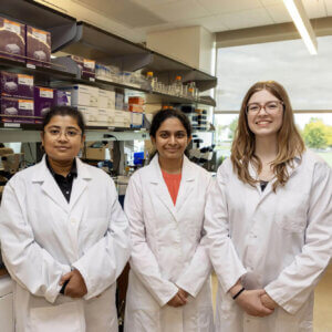 From left: Dr. Saheli Sengupta, Aiswarya L. Raghavaraju, and Sarah A. Henry, Monmouth University undergraduate researchers.