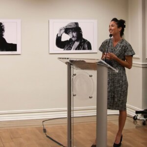 Prof. Ziobro speaks at podium about Bruce Springsteen