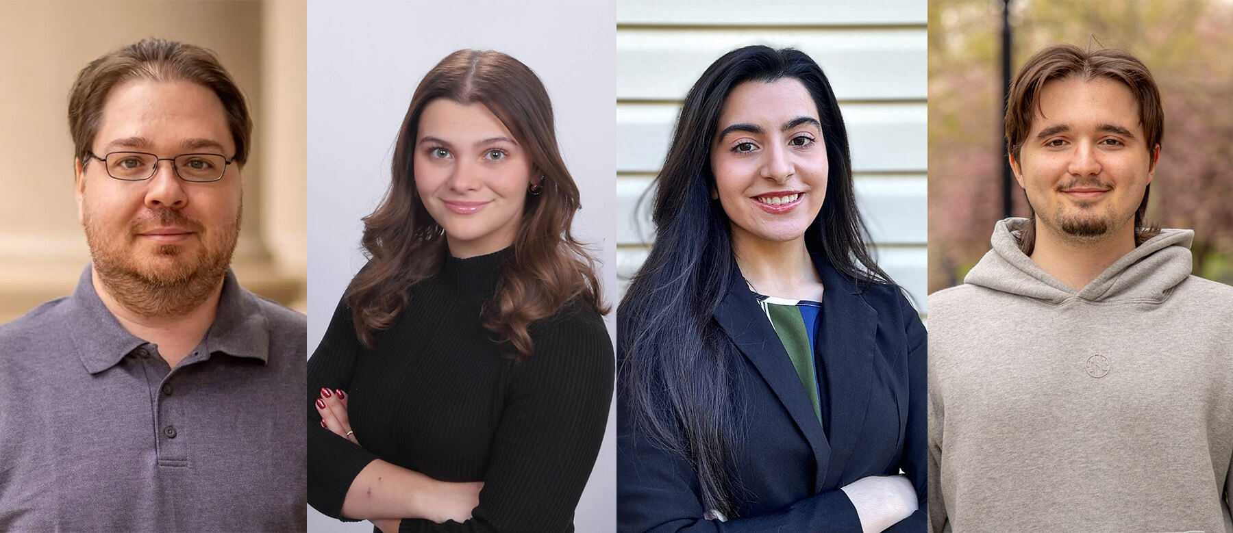 From left to right, headshots of Professor Brian Callahan, Jenna Esposito ’25, Aaila Arif ’25, and senior computer science student Raul Cortinas.