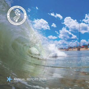 Cover of the UCI annual report featuring the inside of a breaking wave at the beach