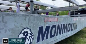 Screenshot of Monmouth University rowing equipment next to CBS Philadelphia logo