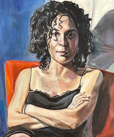 Painting of a woman sitting in a chair with arms crossed while staring at viewer.