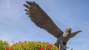 Statue of Hawk with wings spread as if in flight.