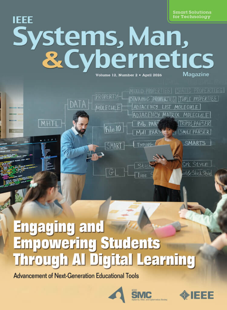 Cover of IEEE Systems, Man, and Cybernetics Magazine, which includes a hyperlink to external article. Image on cover of magazine shows a man and a woman pointing to a flowchart on a chalkboard in a classroom setting