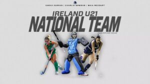 Composite image of three field hockey players with text indicating they have been selected for U21 field hockey national team of Ireland