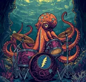 Fanciful illustration of an octopus playing Grateful Dead themed drums underwater