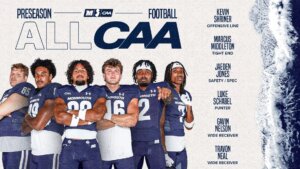 Composite graphic showing six football players honored by CAA