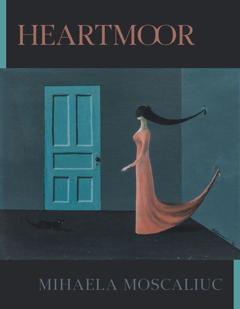 Cover of poetry book, Heartmoor, with stylized paiting on woman walking towards door, on cover. This image contains a hyperlink to the publisher of the book, with additional information.