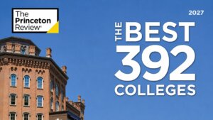 Cropped image with stylized design elements from the 2027 edition of "The Best 392 Colleges" published by The Princeton Review