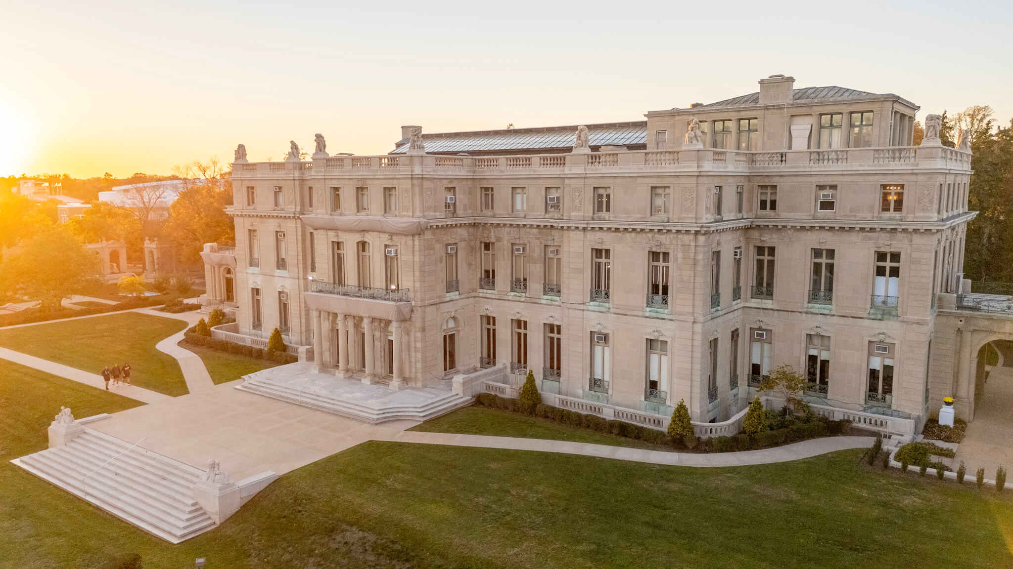 Exterior shot of the Great Hall at sunset
