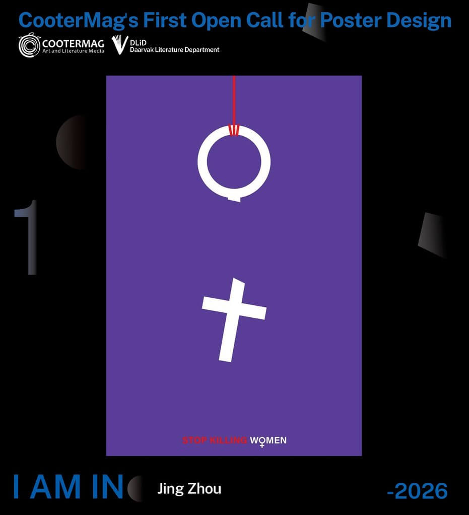 Suspended by a red string, the female gender symbol is severed in two, with the cross falling away as a stark symbol of death and violence against women. The purple background reflects the color’s historical association with the women’s movement and the pursuit of gender equality.