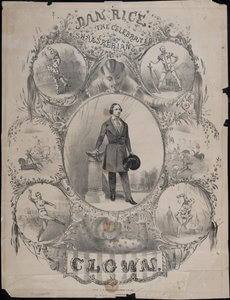 Black and white print with an oval full-length portrait of the showman/clown Dan Rice, surrounded by six smaller, full-length oval depictions of him in various roles. The title of the print appears at the top and the word “Clown” at the bottom. The image contains a hyperlink to the Smithsonian National Museum of American History.