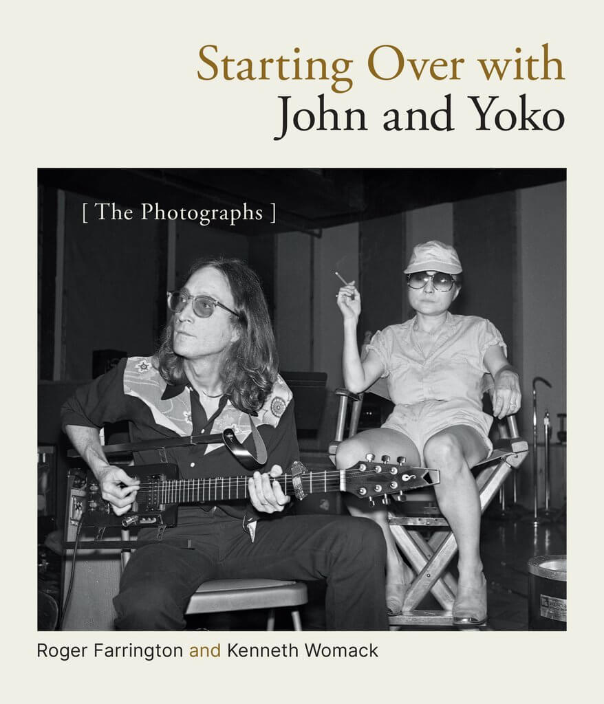Front cover of "Starting Over with John and Yoko: The Paragraphs" by Roger Farrington and Kenneth Womack. The image is a black and white photograph of John and Yoko sitting, with John holding a guitar. The image also includes a nyperlink to an external site with additional information about the book.