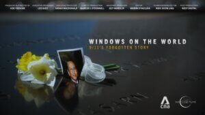 Promotional poster for Windows on the World: 9/11’s Forgotten Story. A memorial arrangement of yellow and white flowers, a photograph of a man, and a white ribbon rests on a reflective dark surface. The poster includes production credits and the CNA and Waveline Films logos.