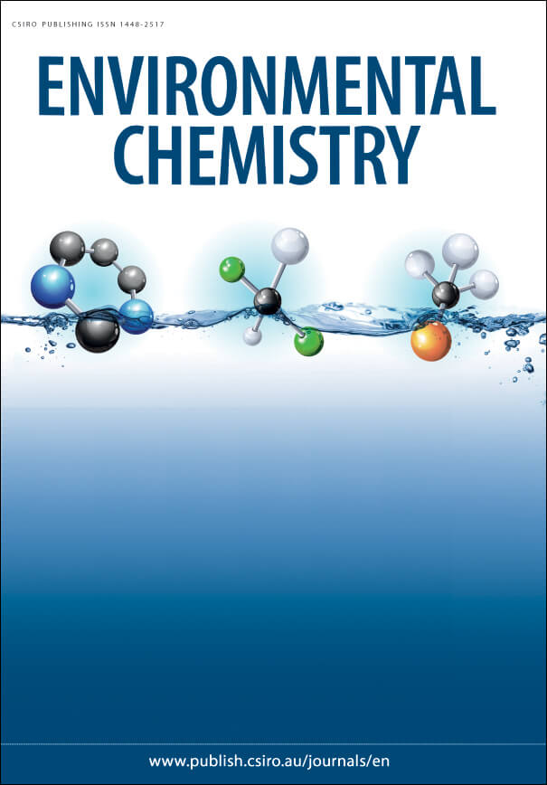 Cover of the academic journal, Environmental Chemistry, with an illustration of molecules floating on the surface of a liquid. The image contains a hyperlink to a journal article on an external site.