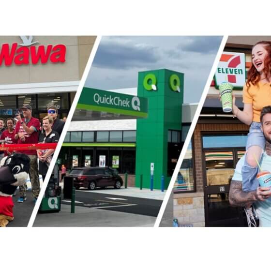 Composite illustration of Wawa, QuickCheck, and 7-11 stores
