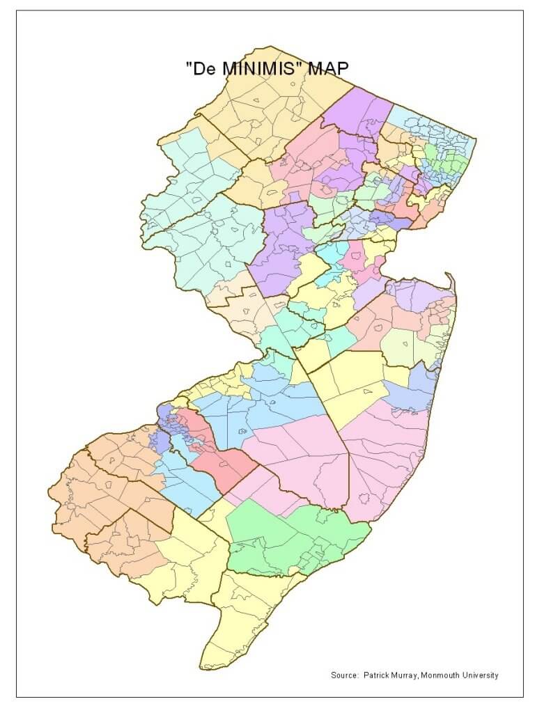Image shows NJ redistricting map using the "de minimis rule", meaning any change should not be consequential to the current system as a whole. outcome 