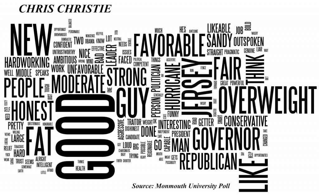 Image Shows Word Cloud Generated by Voter Responses Regarding Chris Christie