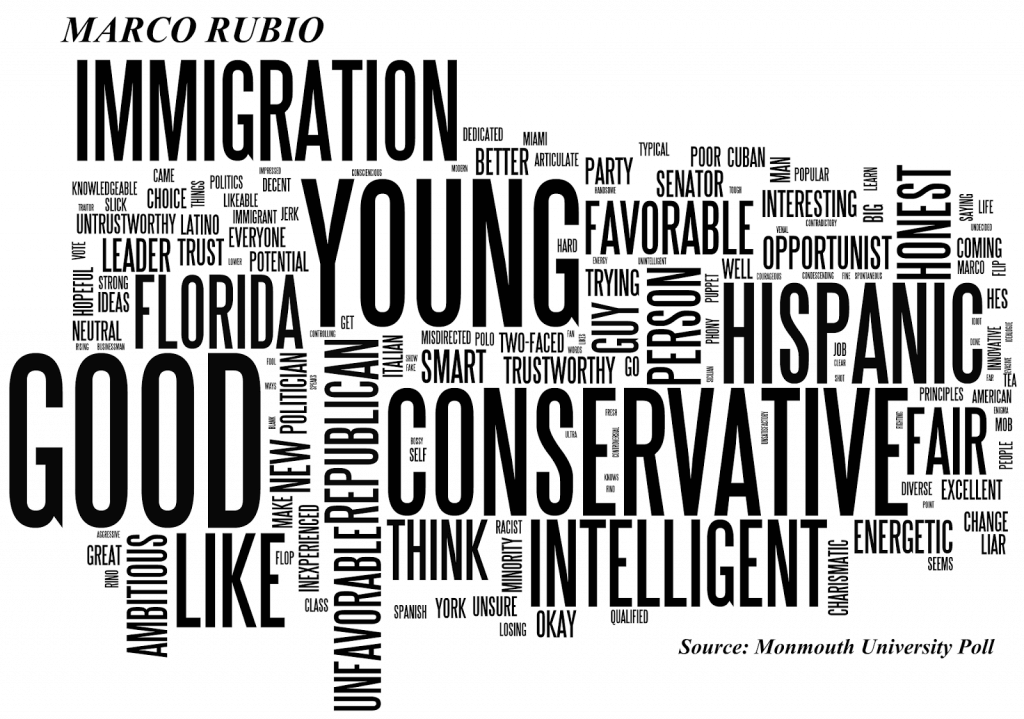 Image Shows Word Cloud Generated by Voter Responses Regarding Marco Rubio