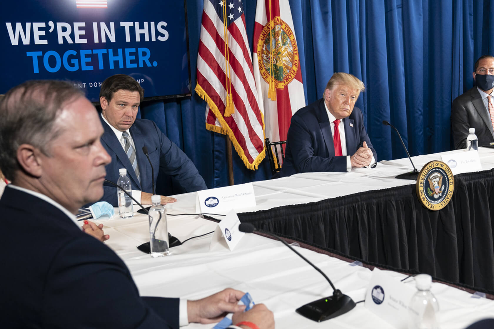 Image Ron DeSantis with Donald Trump at a Covid event in Florida in July 2020.