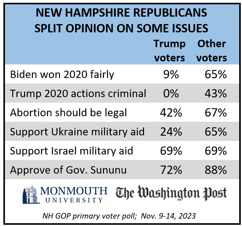 Chart titled: New Hampshire Republicans split opinion on some issues. Refer to questions 13 through 18 for details.