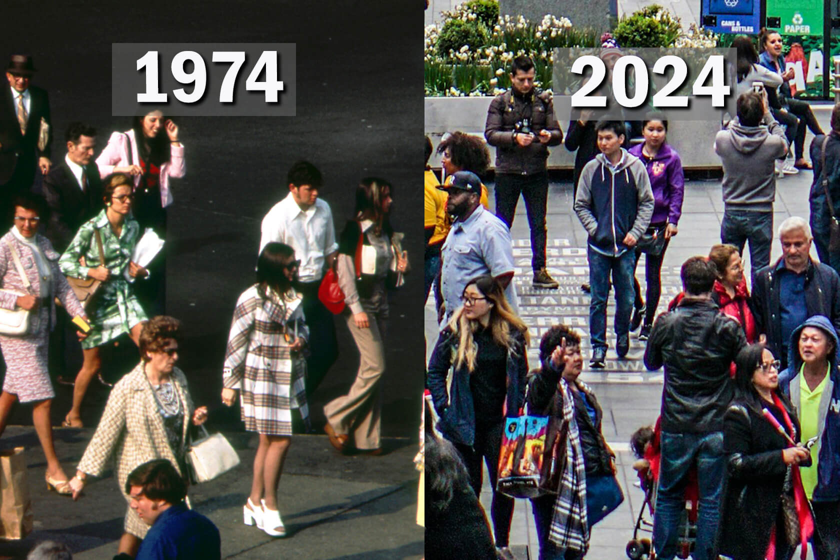Image of pedestrians from 1974 and an image of pedestrians from 2024.