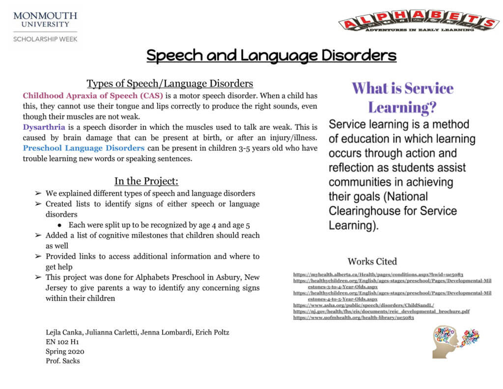 Monmouth University Scholarship Week 2020 Poster: Speech and Language Disorders
