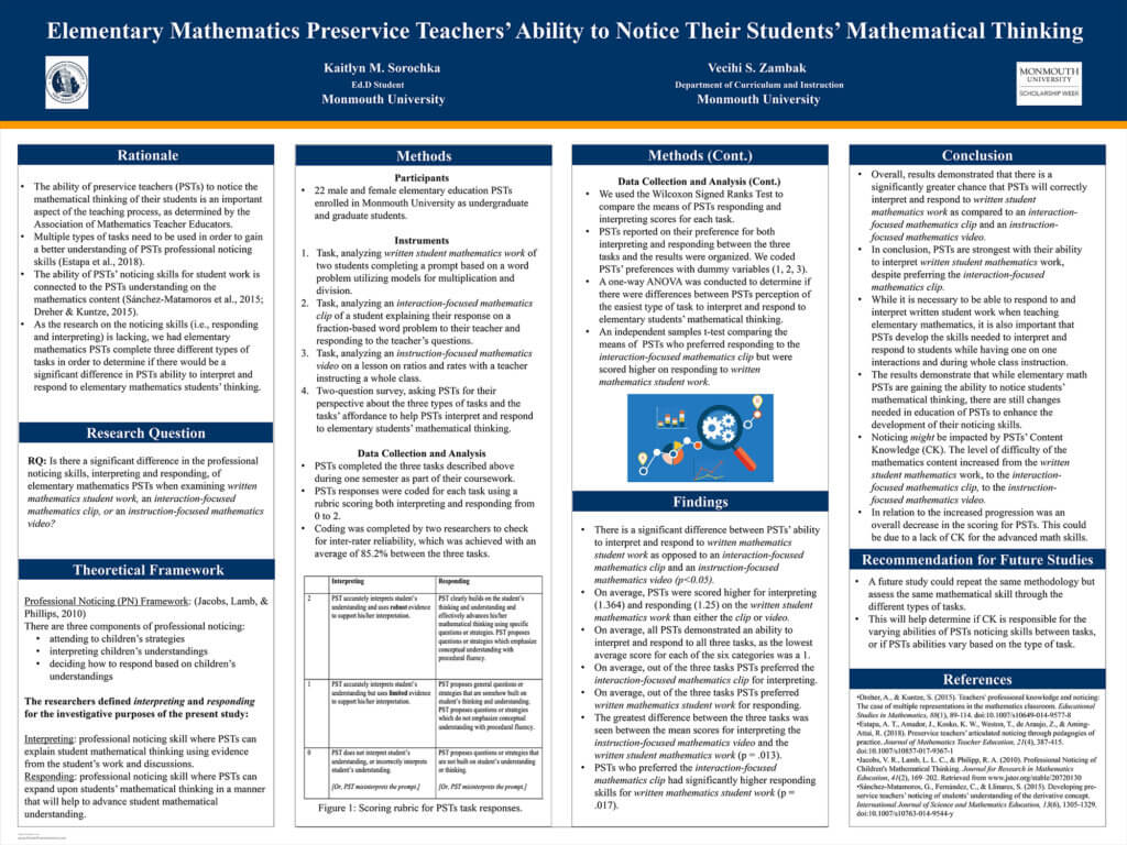 Monmouth University Scholarship Week 2020 Poster: Elementary Mathematics Preservice Teachers’ Ability to Notice Their Students’ Mathematical Thinking