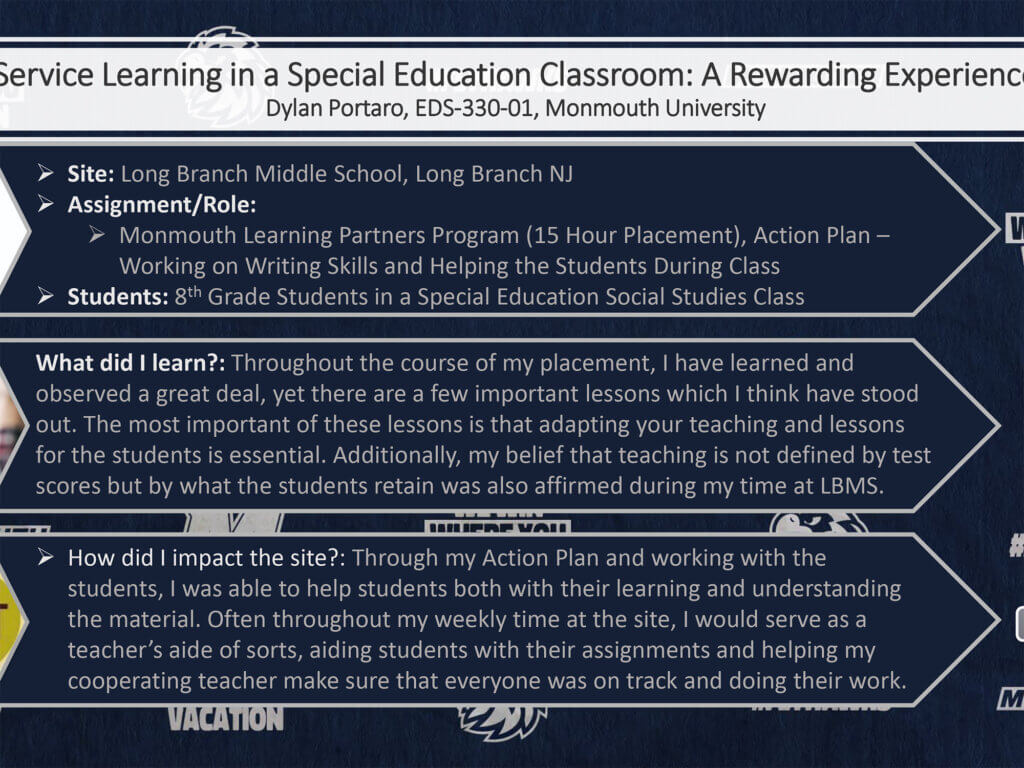 Poster Presentation: Service Learning in a Special Education Classroom: A Rewarding Experience by Dylan Portaro