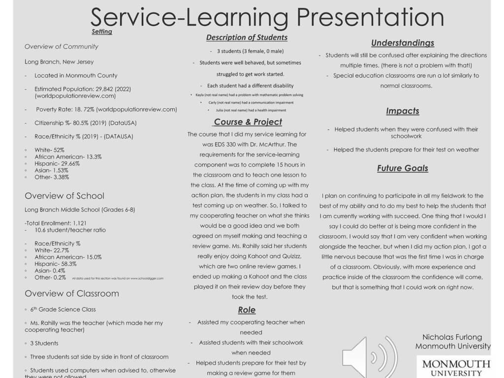 Poster Presentation: Service-Learning Presentation by Nicholas Furlong